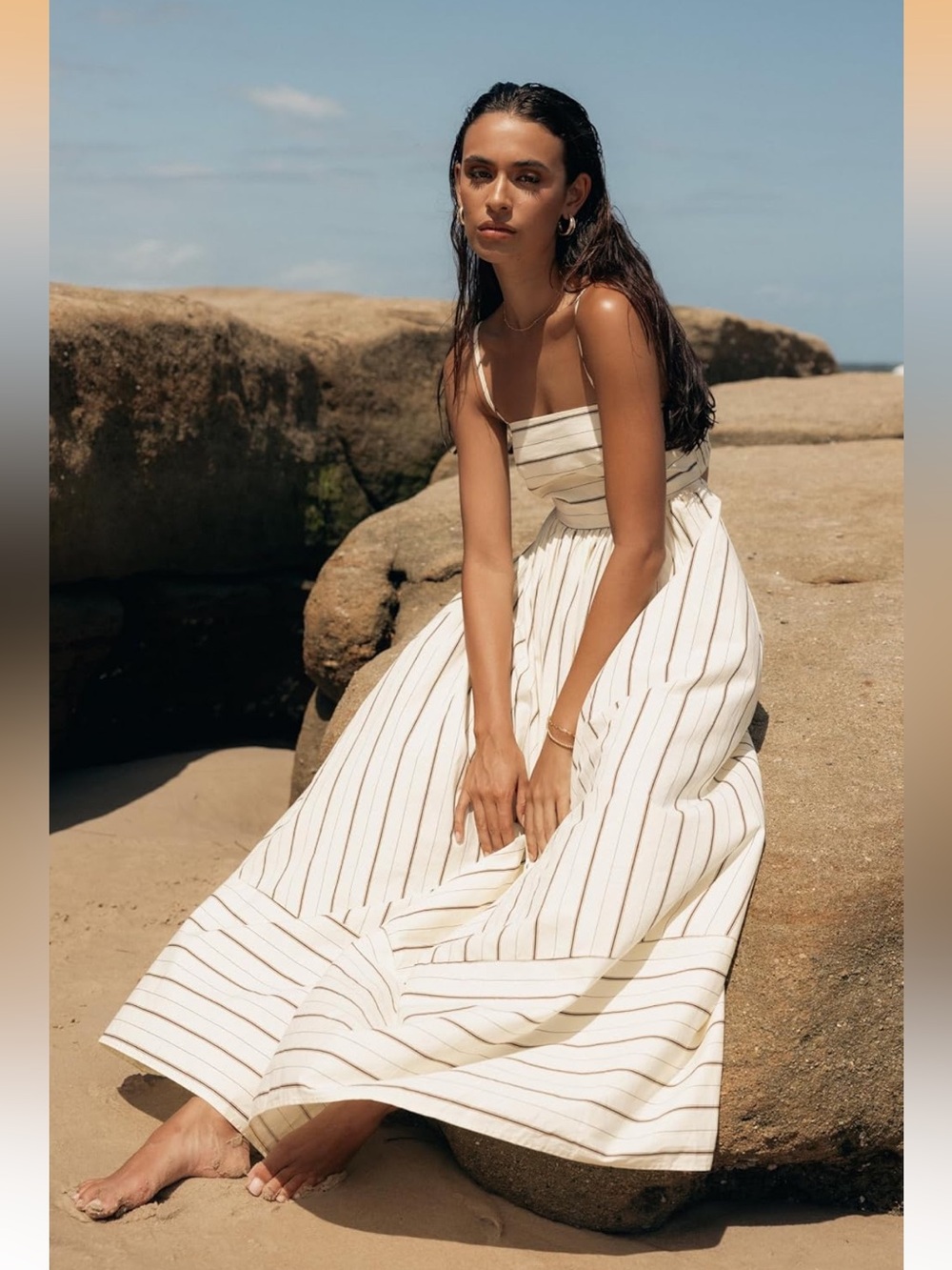 Petal & Pup Cream Maxi Dress with Thin Brown Stripes